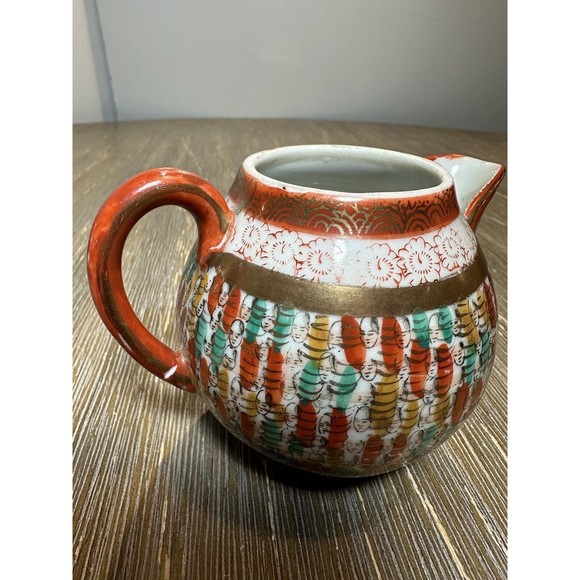 Antique Thousand Faces Kutani Hand-Painted Japanese Teapot, Sugar & Creamer Set - Picture 12 of 12